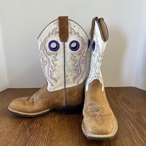 Old West Kids Tan White Leather Cowboy Boots Square Toe BSY1994 Size 4.0 D